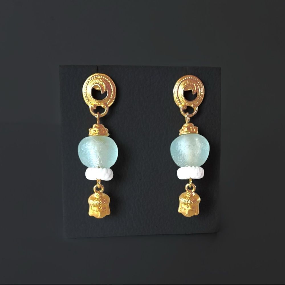 Gold Buddha Sea Glass Drop Earrings